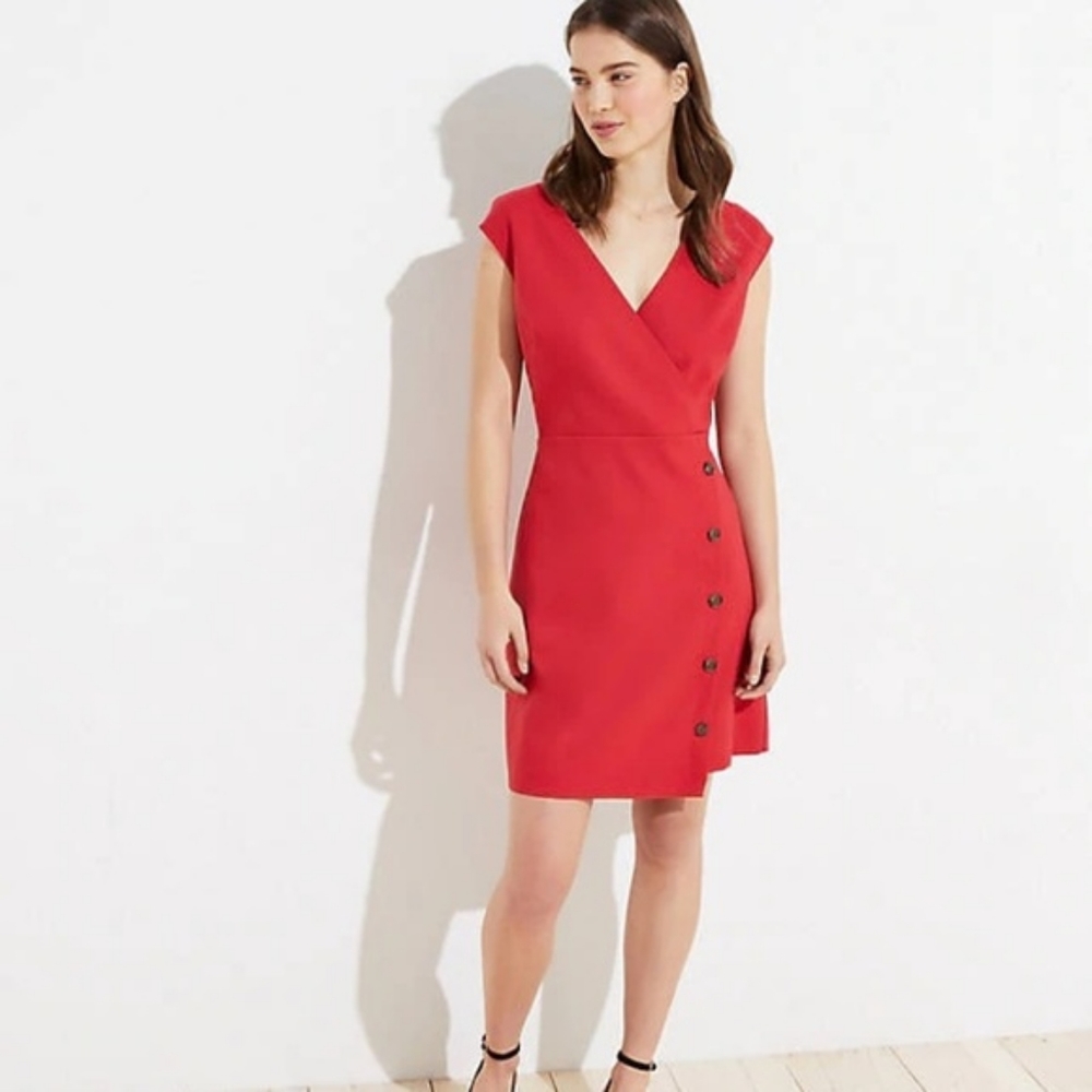 LOFT Side Button Wrap Dress Red V-Neck Cap Sleeve